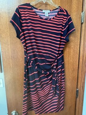 Navy & Coral Striped Tie-Waist Dress - Size Large, Brand: Stitch Between